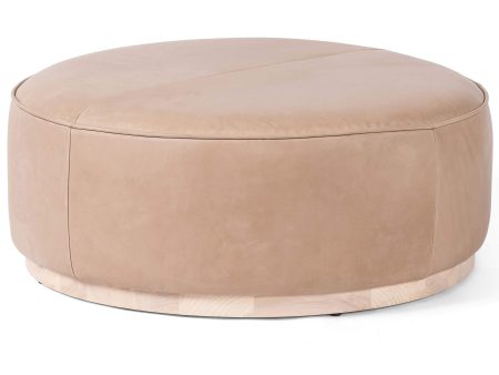 Sinclair Large Round Leather Ottoman, Burlap Cheap